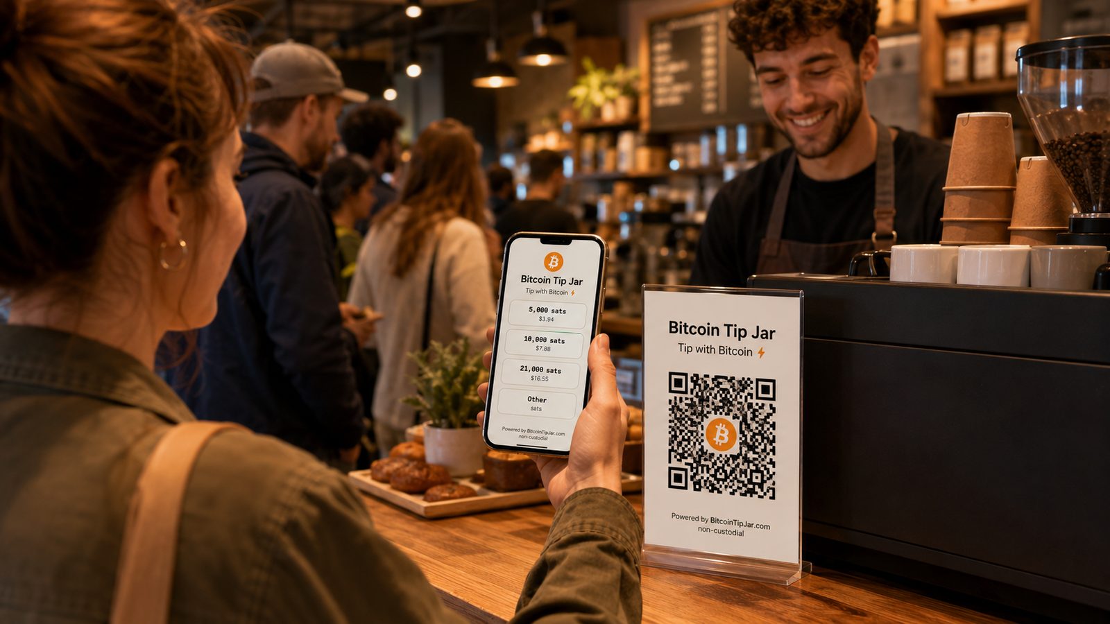 A customer at a café counter holding a phone showing a bitcoin tip jar with preset amounts, a QR code sign beside the till