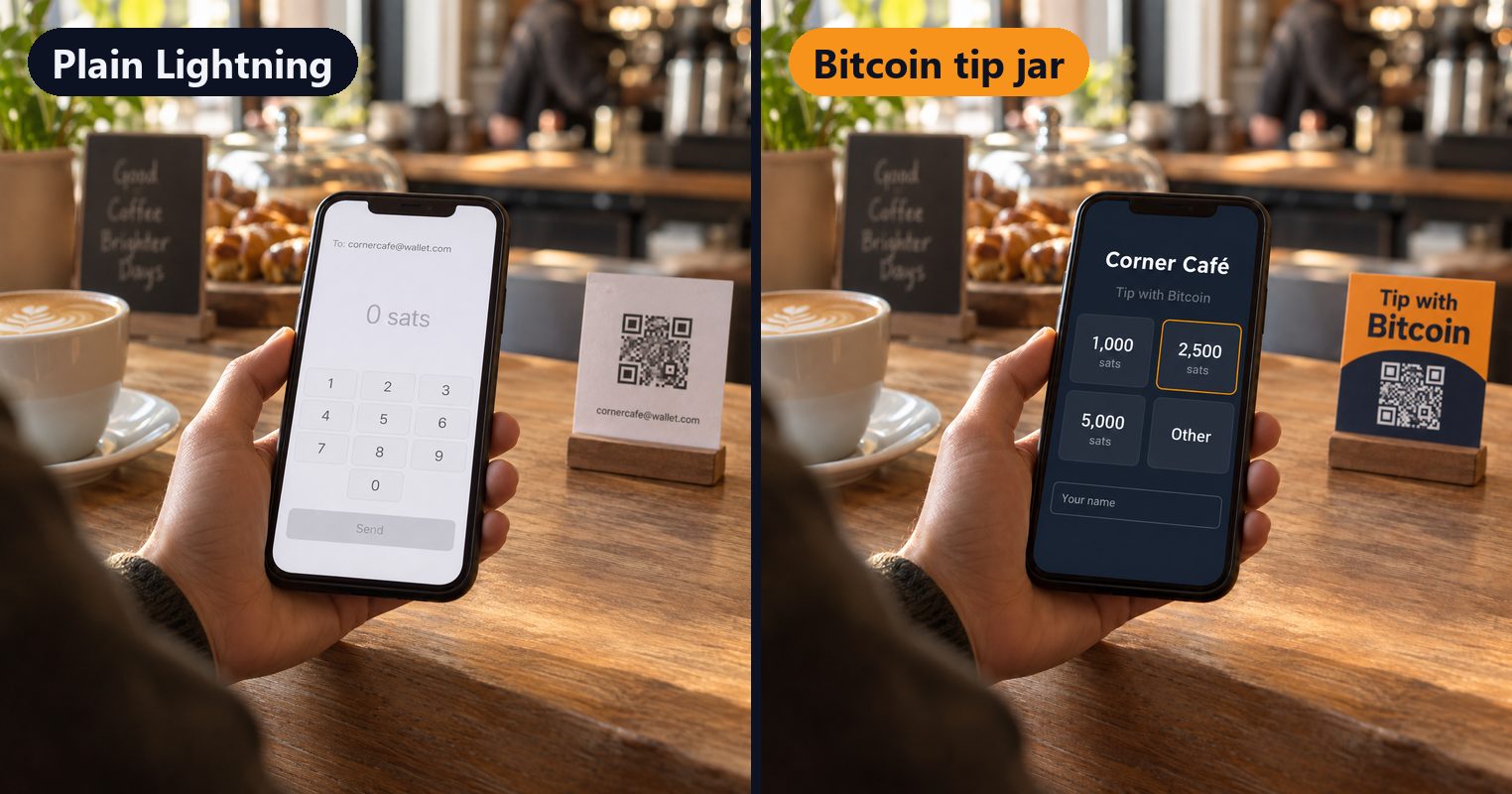 Two phones at a café counter, side by side. On the left, a plain Lightning address opens a wallet's send screen with an empty amount box. On the right, a bitcoin tip jar shows the café's name, preset amounts and a box for the tipper's name.